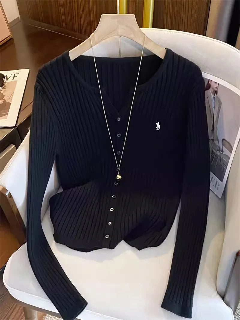 Women knit cardigan long sleeve Y2K embroidered sweater in black khaki white