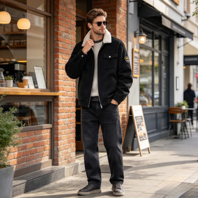 Sherpa lined corduroy jacket men with lapel collar and thick warmth