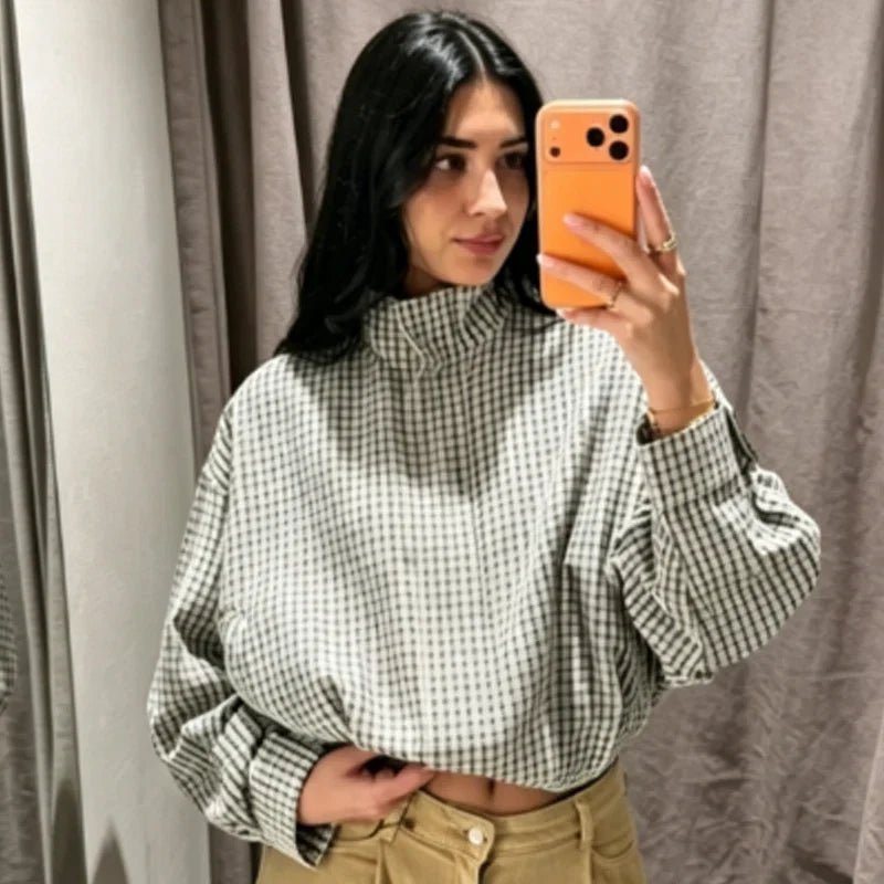 Women's Bomber Jacket | Oversize, Long Sleeve | Checkered, Spring Fall
