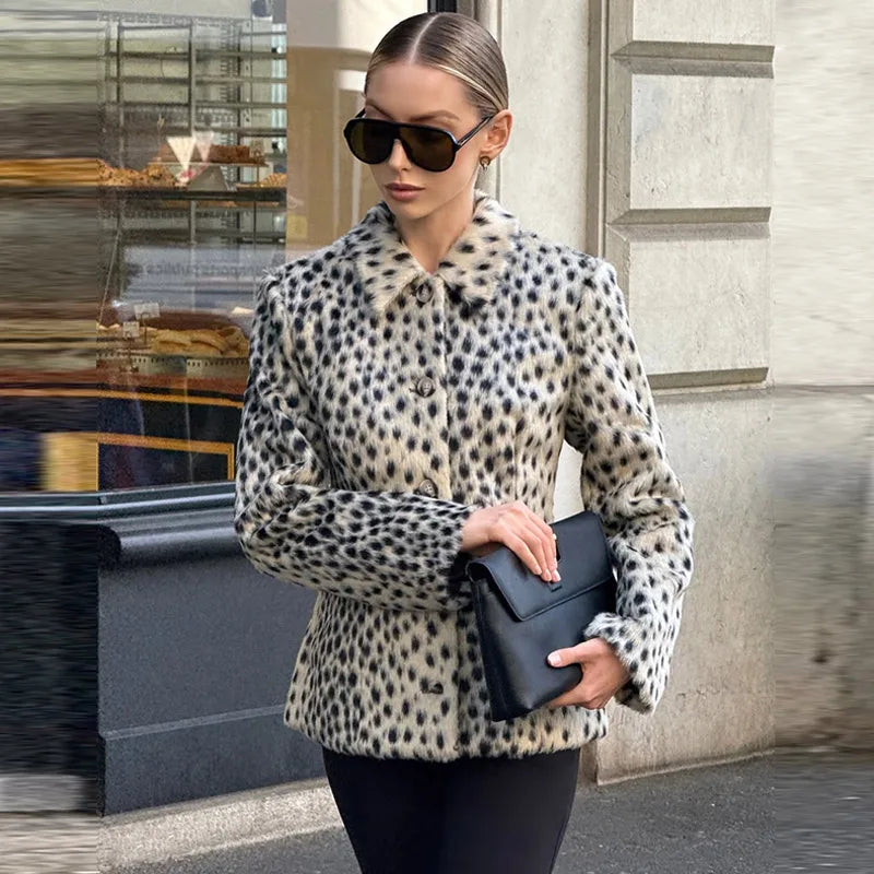 Womens leopard print coat with long sleeves and single breasted winter style
