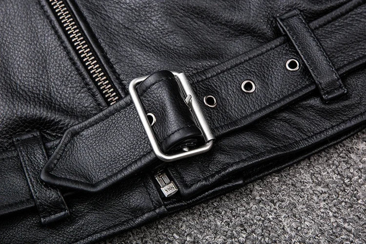 Mens leather jacket genuine cowhide motorcycle biker style with zipper front