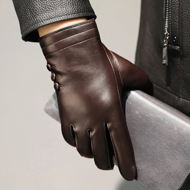 Men sheepskin leather winter gloves fleece lined driving style