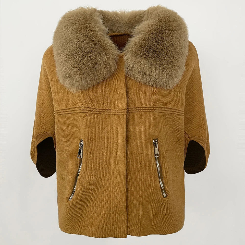 Women knit cardigan with faux fur collar and three quarter sleeves