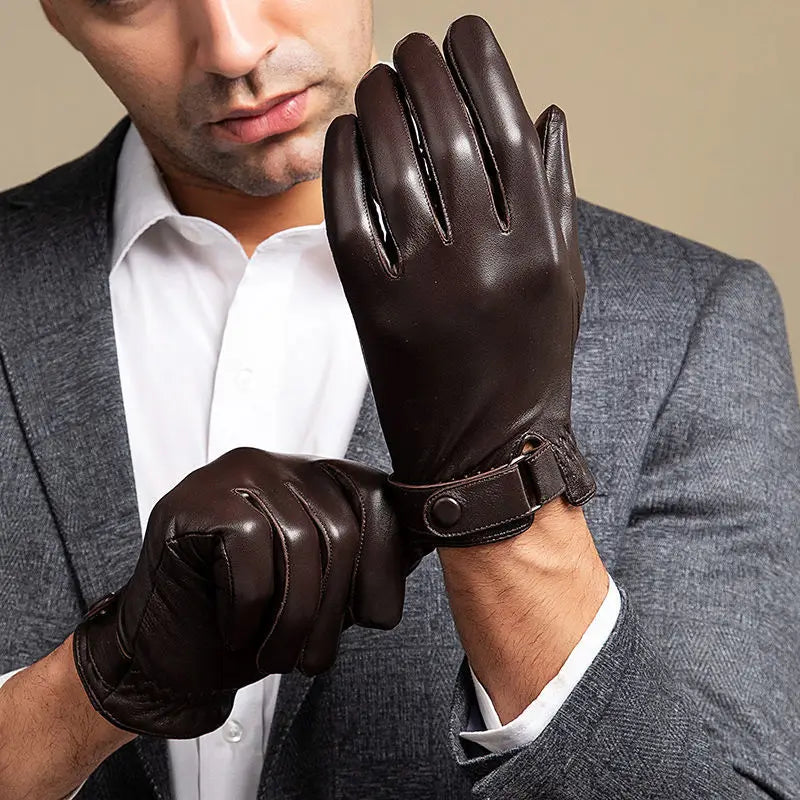 Men sheepskin leather winter gloves fleece lined driving style
