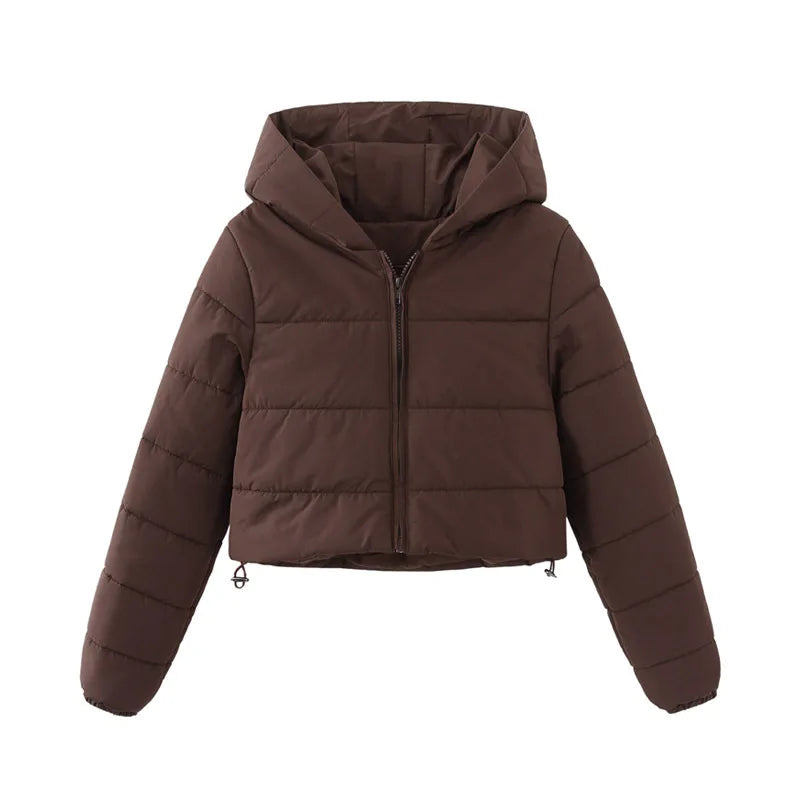 Women quilted cropped puffer jacket hooded loose fit stand collar full zip