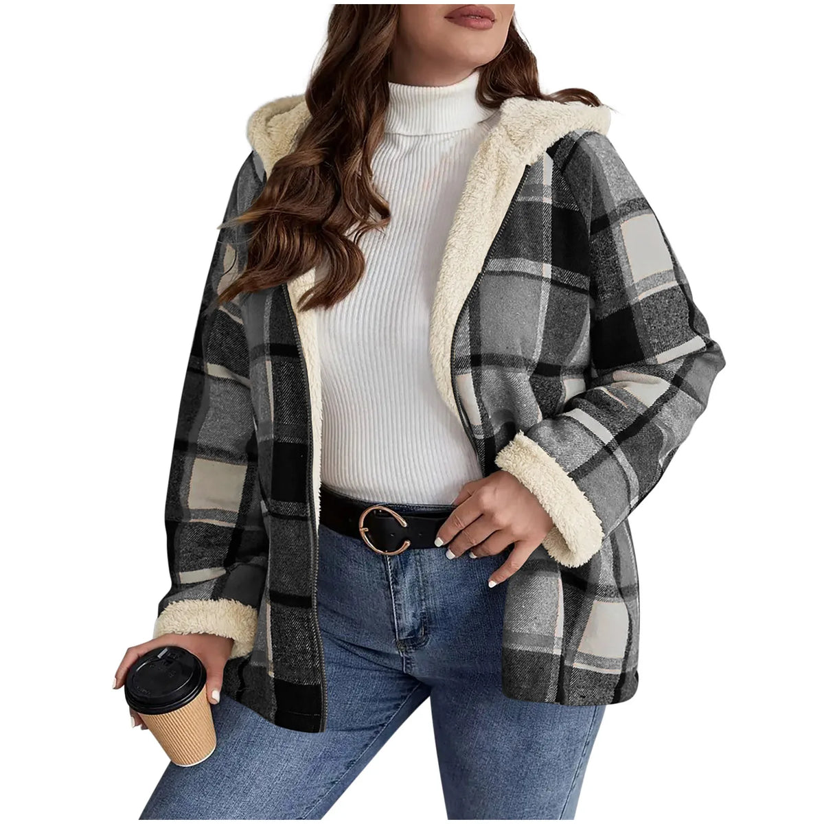 Plaid hooded jacket womens long sleeve casual autumn winter