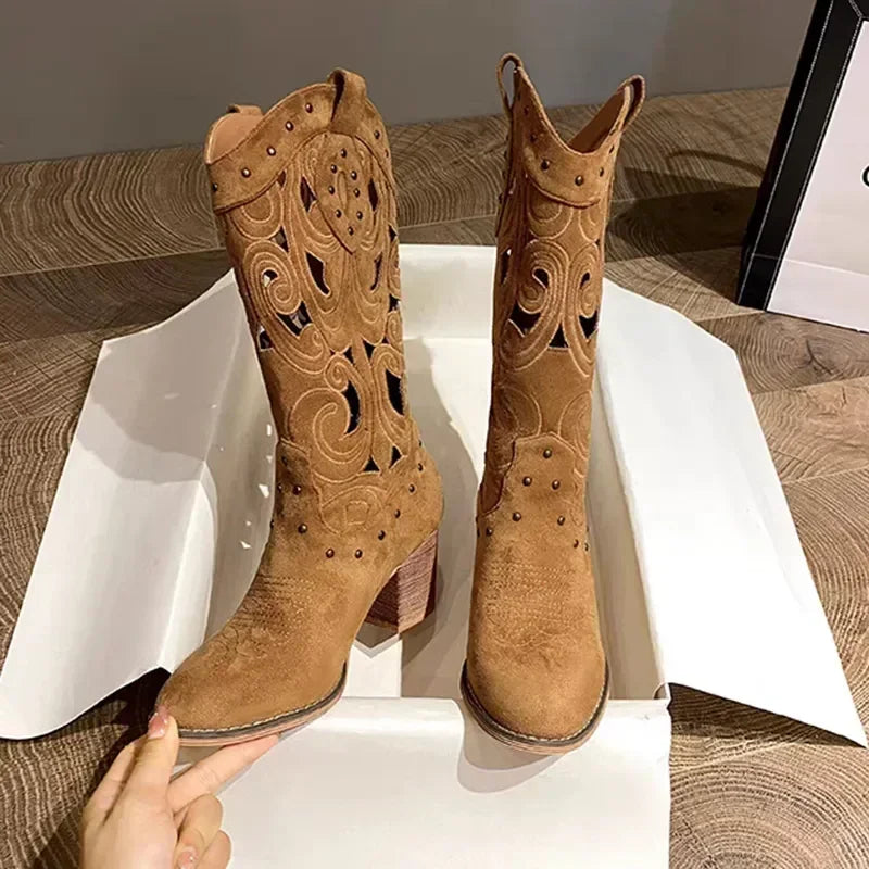 Womens knee high cowboy boots with chunky heel and embroidered detail
