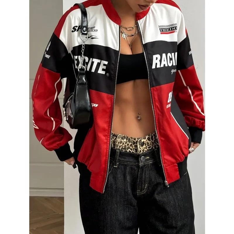 Women's Bomber Jacket | Y2K Racing Style, Retro Motorsport | Varsity Knit