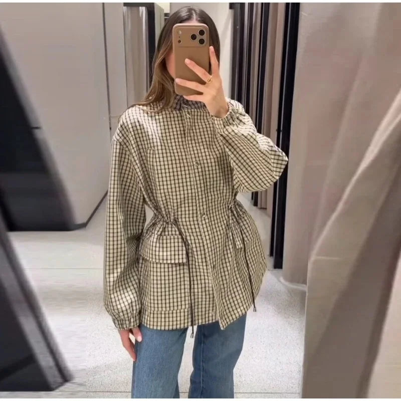 Women plaid jacket with drawstring waist and collar, button front closure