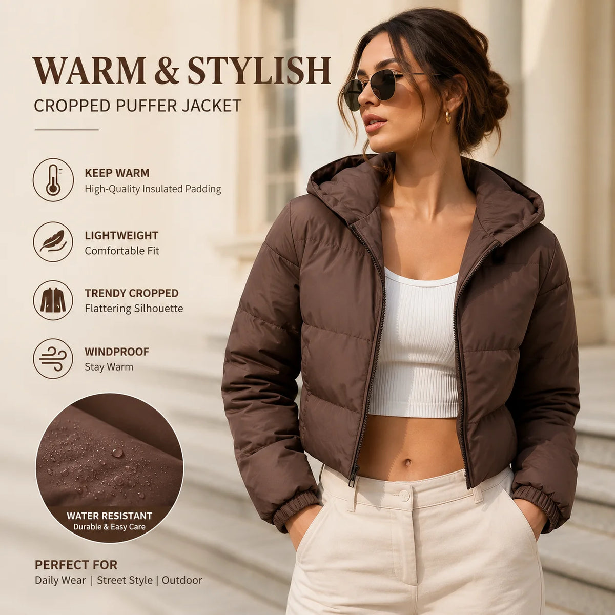 Women quilted cropped puffer jacket hooded loose fit stand collar full zip