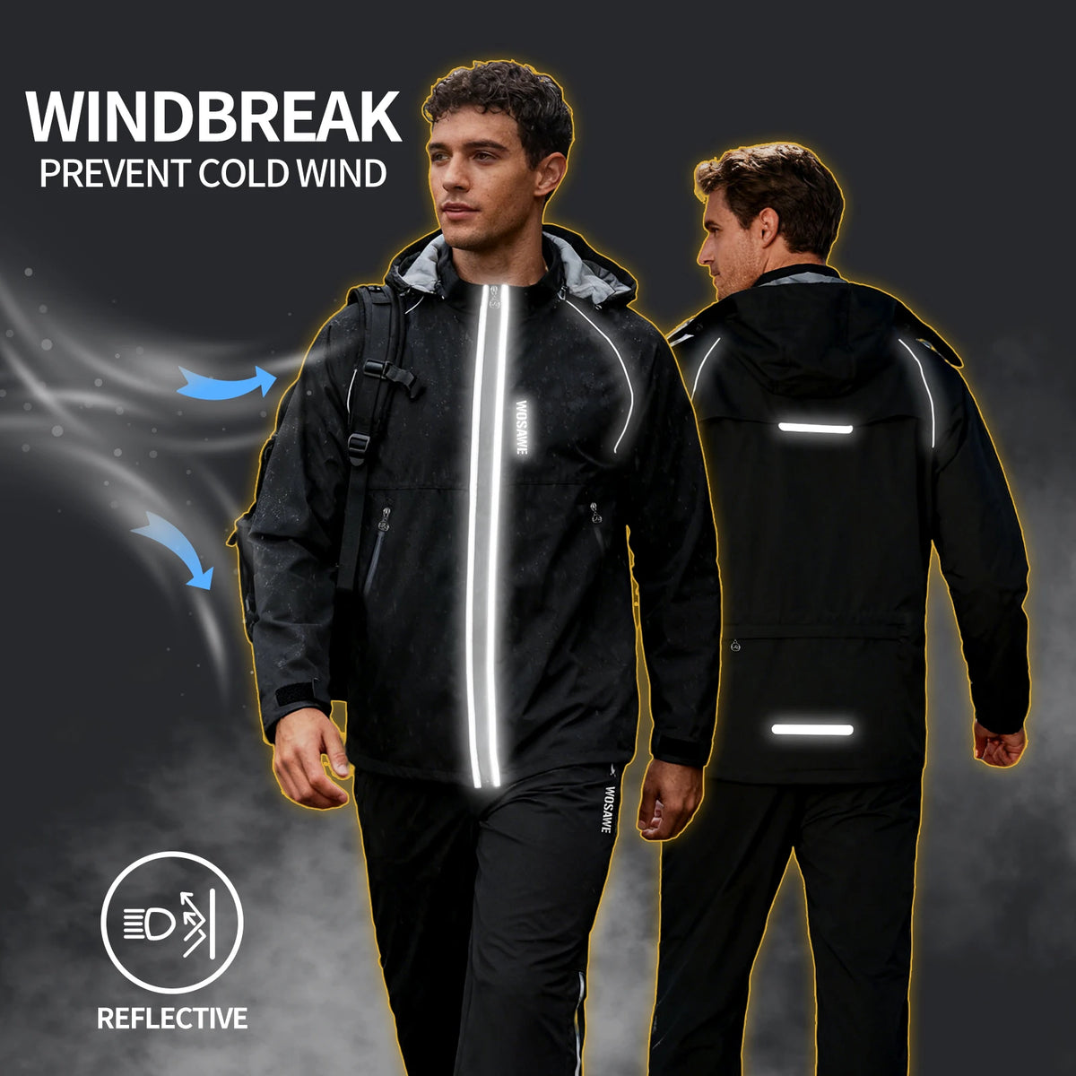 Unisex waterproof rain jacket and pants set with 360 degree reflective stripes