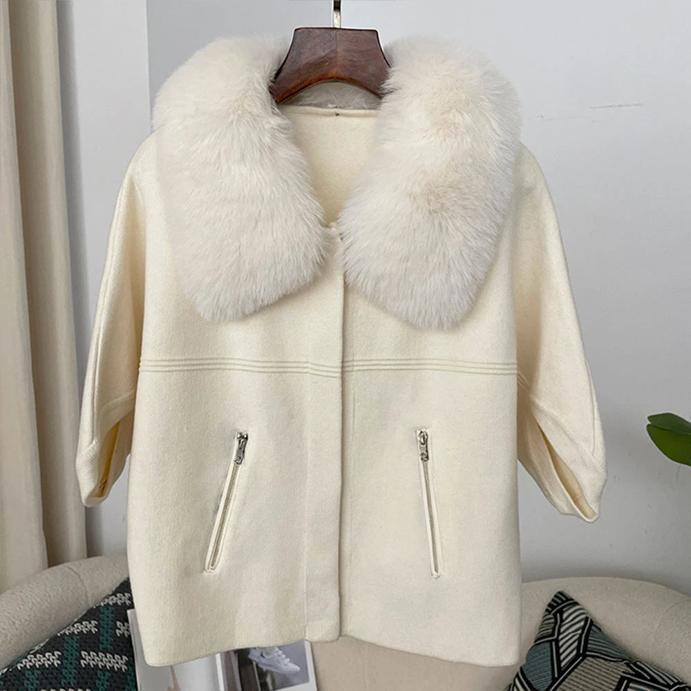 Women knit cardigan with faux fur collar and three quarter sleeves