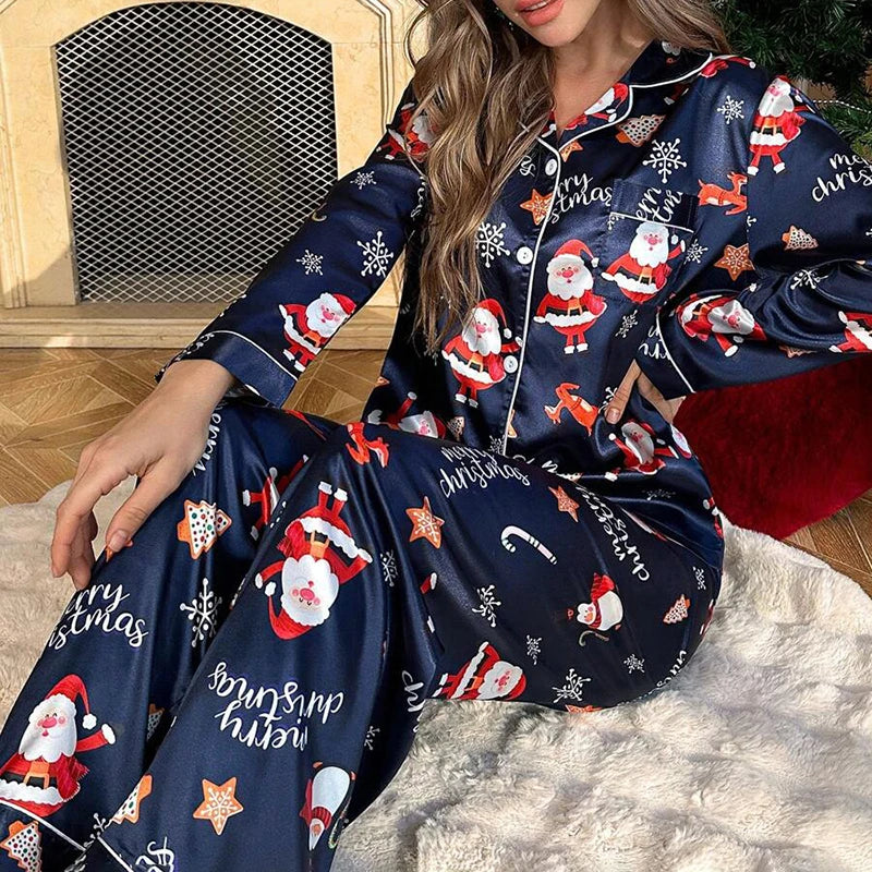 Womens Christmas pyjamas with Santa gingerbread man print, long sleeve 2 piece set