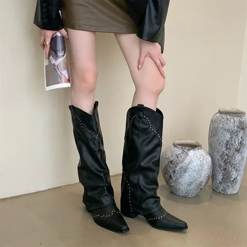 Womens knee high cowboy boots with square heel and retro style