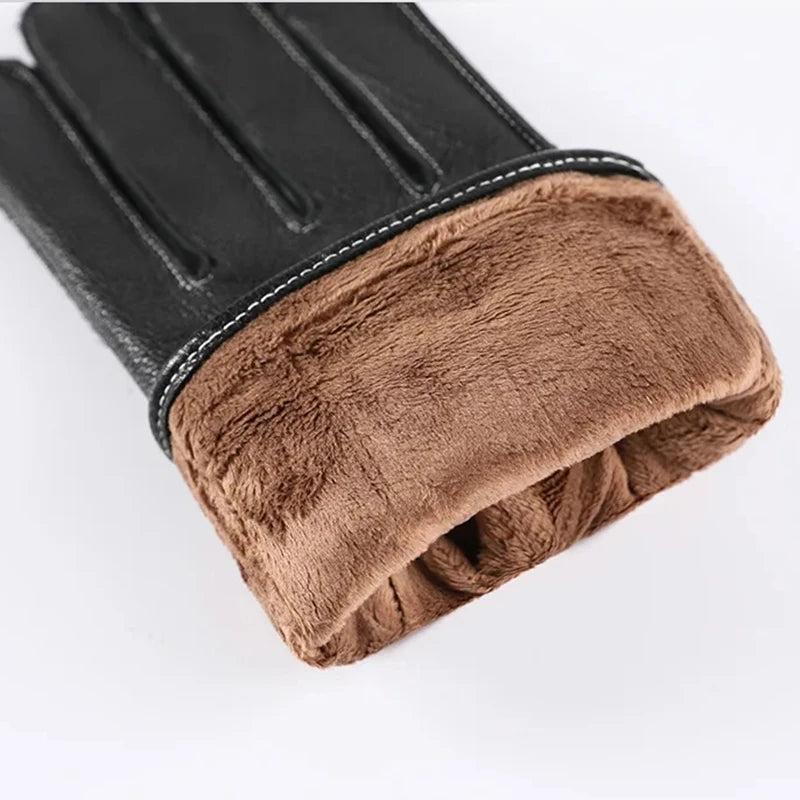 Men sheepskin leather winter gloves fleece lined driving style