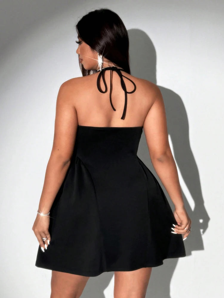 Plus Size Summer Dress | Black Lace V-Neck Sleeveless Puffed Skirt