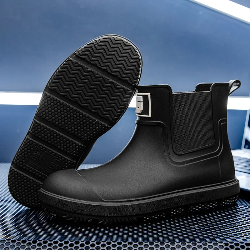 Men ankle rain boots slip on waterproof wellies non-slip outsole