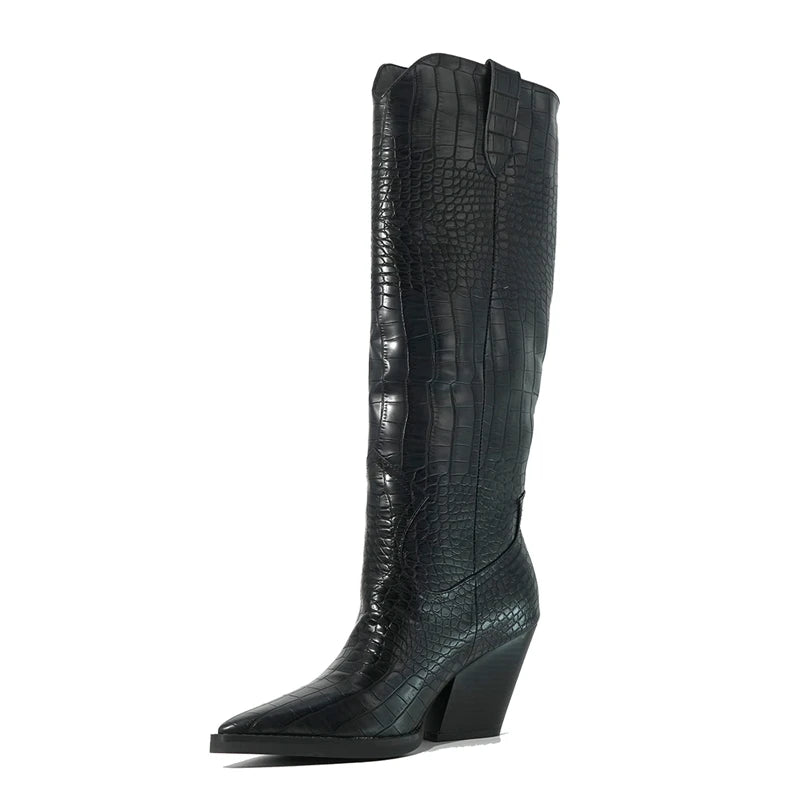 Womens knee high cowboy boots with pointed toe, chunky heel and waterproof upper