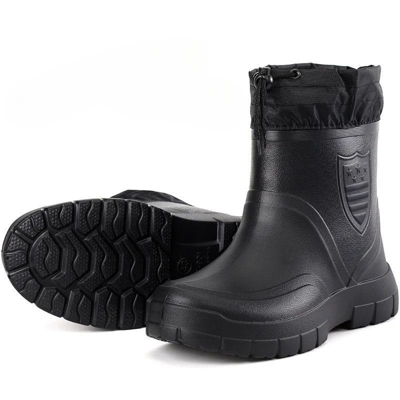 Men waterproof rain boots slip on low heel rubber outsole
