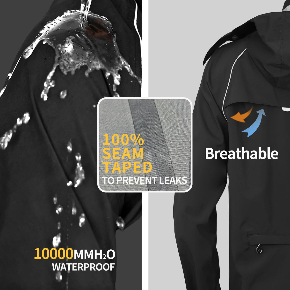 Unisex waterproof rain jacket and pants set with 360 degree reflective stripes