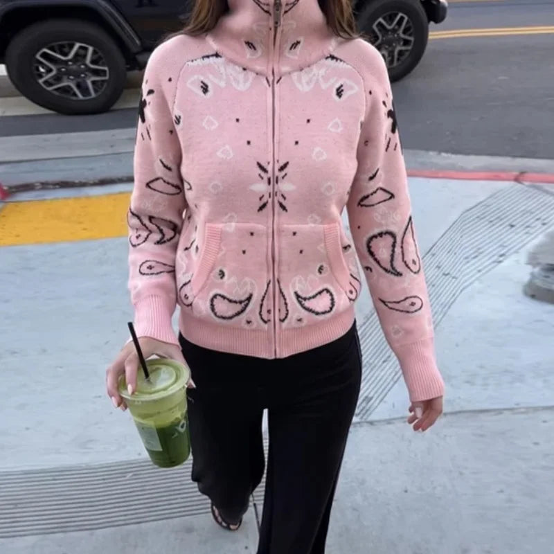 Women knit print cardigan with zip closure and turtleneck long sleeve