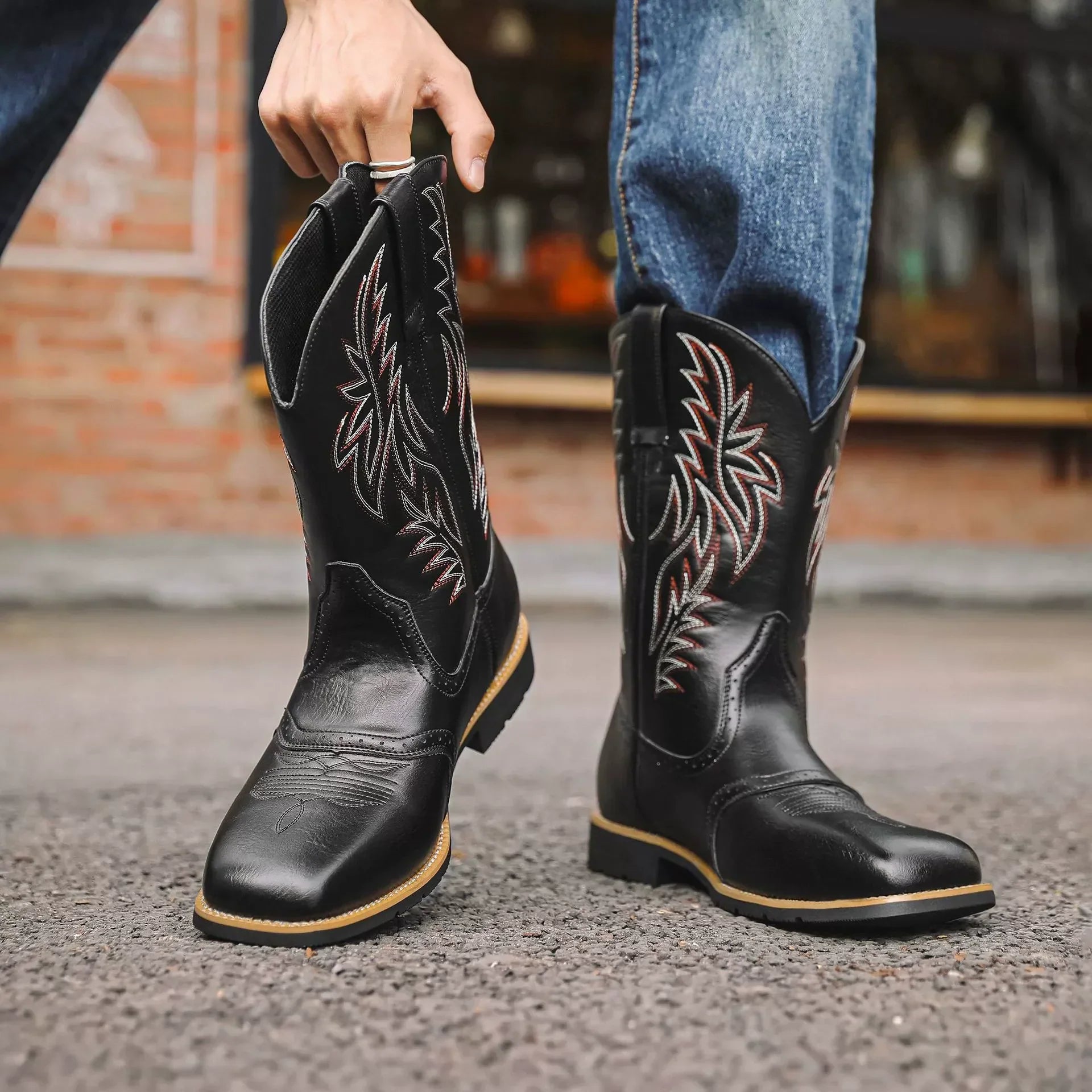 Men's Classic Embroidered Cowboy Boots - Mid-Calf - Square Toe