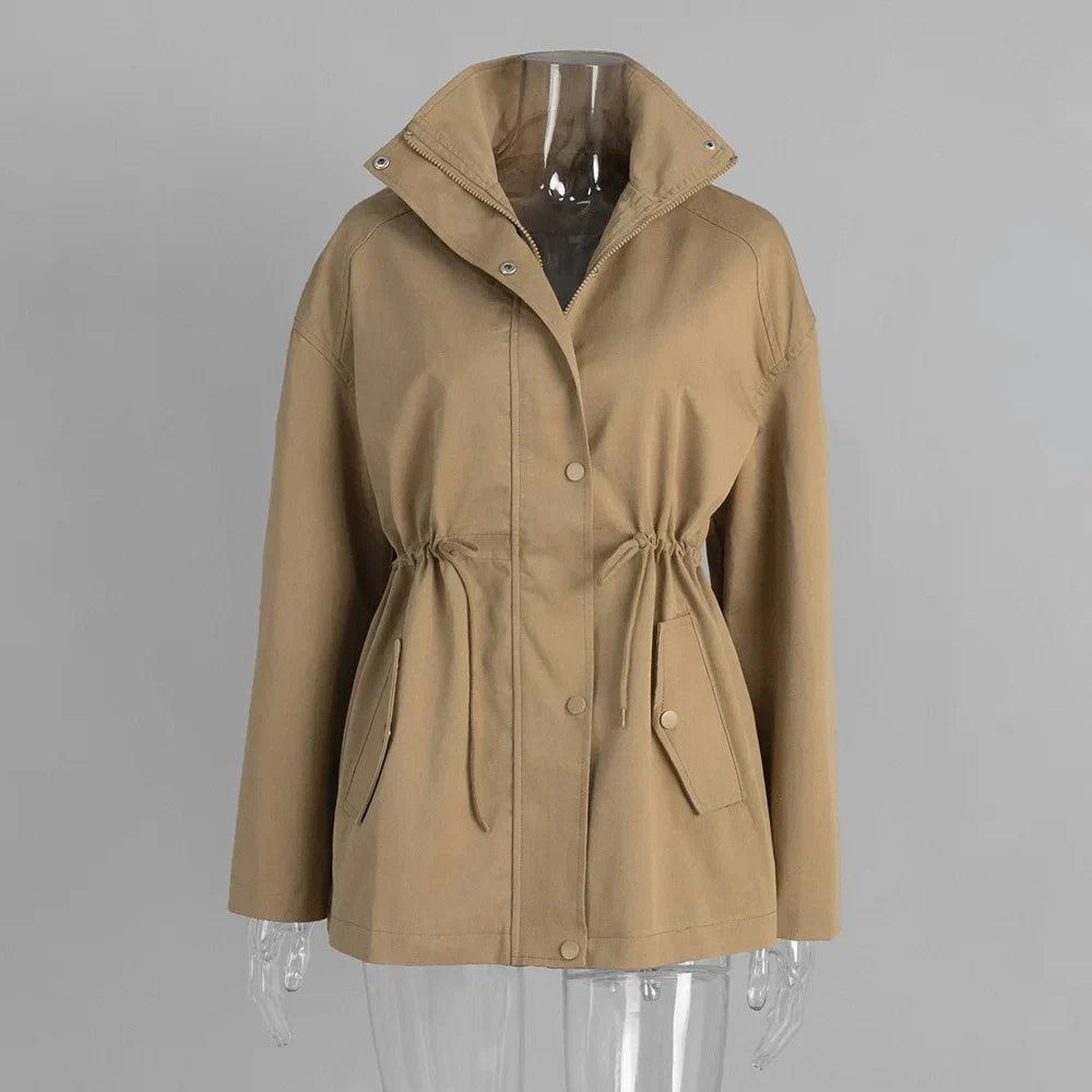 Women short parka stand collar drawstring waist relaxed fit