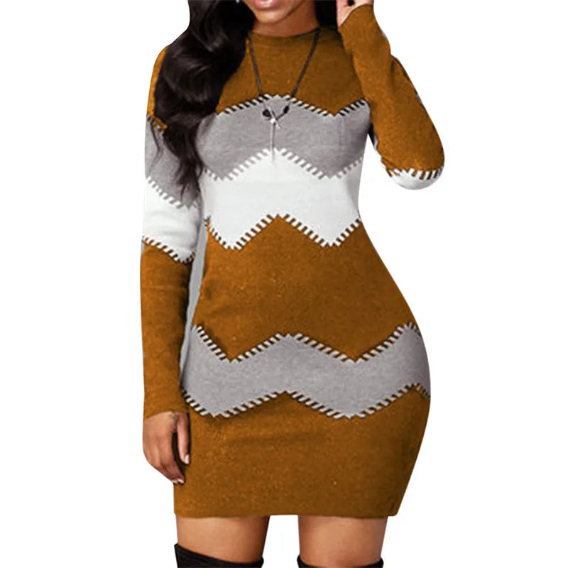 Knit Mini Dress | Women's Patchwork, Turtleneck | Long Sleeve, Knitted