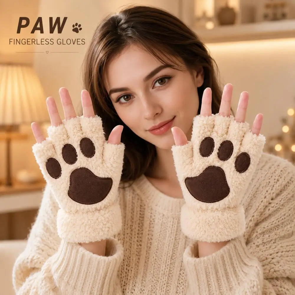 Women girls plush fingerless winter gloves cat paw design with anti-loss cord