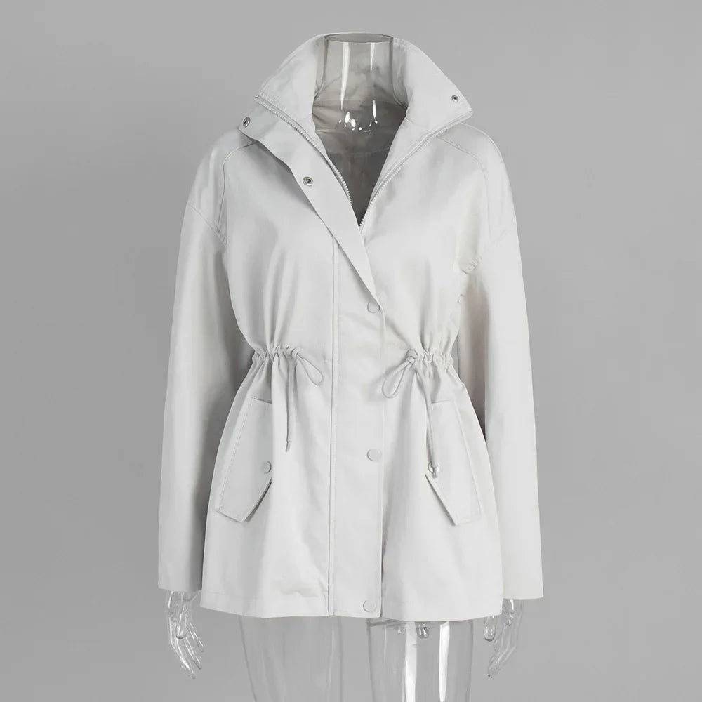 Women short parka stand collar drawstring waist relaxed fit