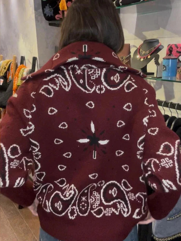 Women knit jacquard cardigan zip up stand collar loose fit full sleeve
