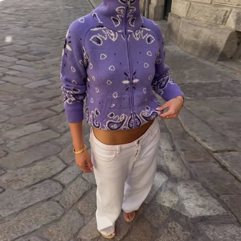 Women knit print cardigan with zip closure and turtleneck long sleeve