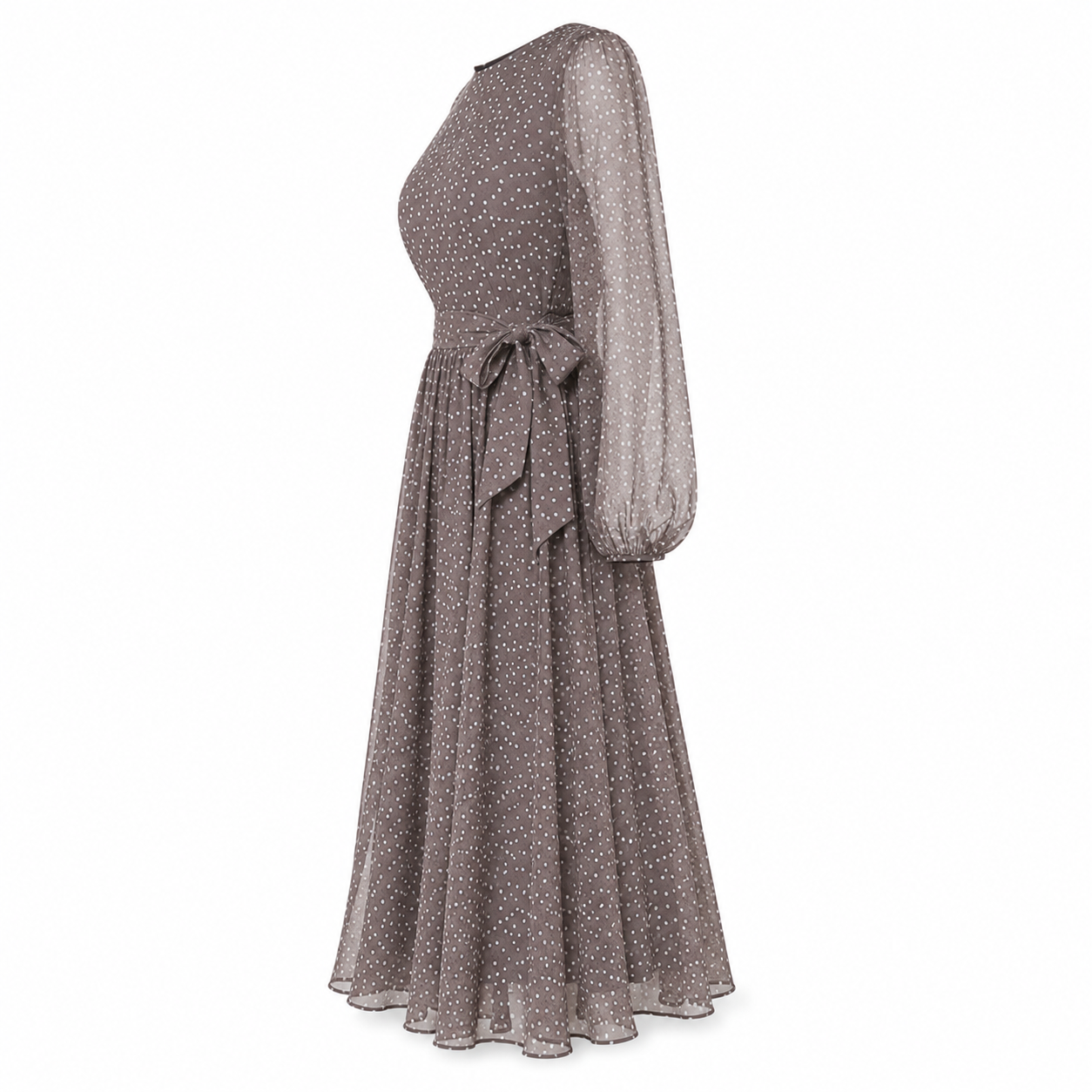 Summer Linen Dress | Loose Fit, Coffee Polka Dot | A-Line Midi