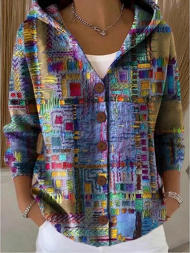 Women knit button hooded cardigan relaxed fit button-front closure