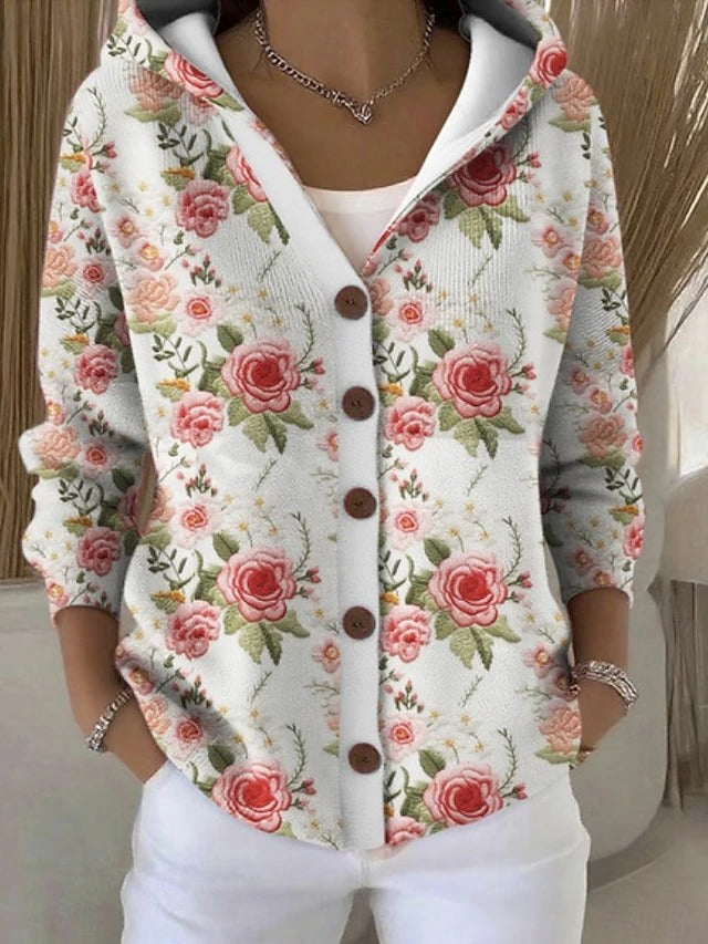 Women knit button hooded cardigan relaxed fit button-front closure