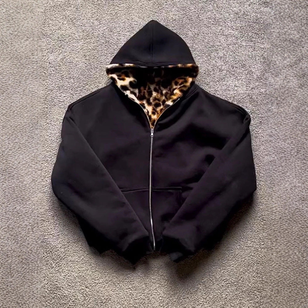 Womens leopard print bomber jacket with hood, black sporty style