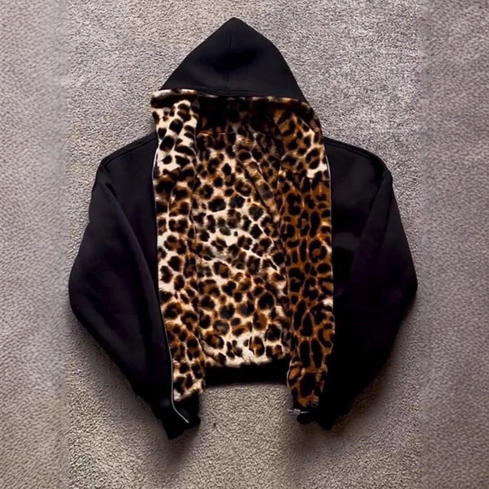 Womens leopard print bomber jacket with hood, black sporty style