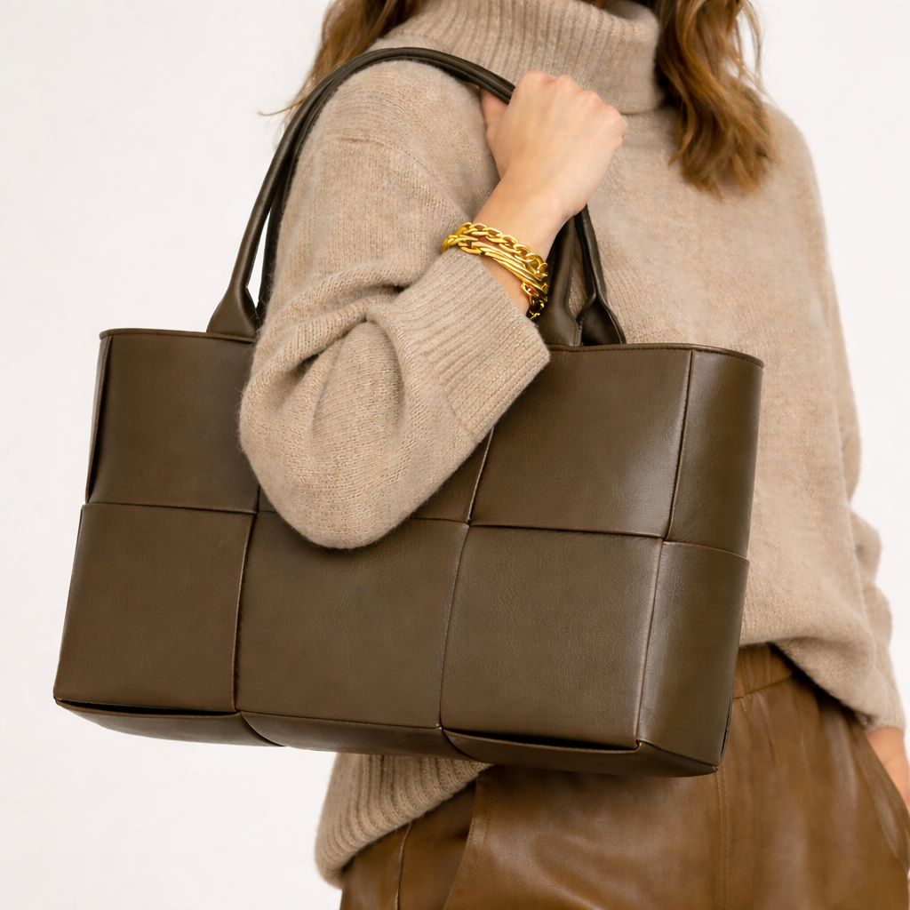 Woven Tote Bag | Vegan Leather, Structured | Purple, Black, Olive