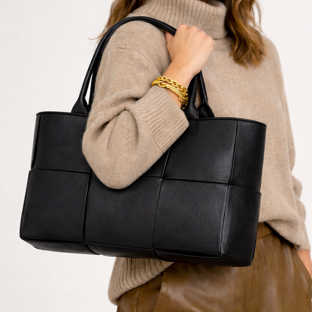 Woven Tote Bag | Vegan Leather, Structured | Purple, Black, Olive