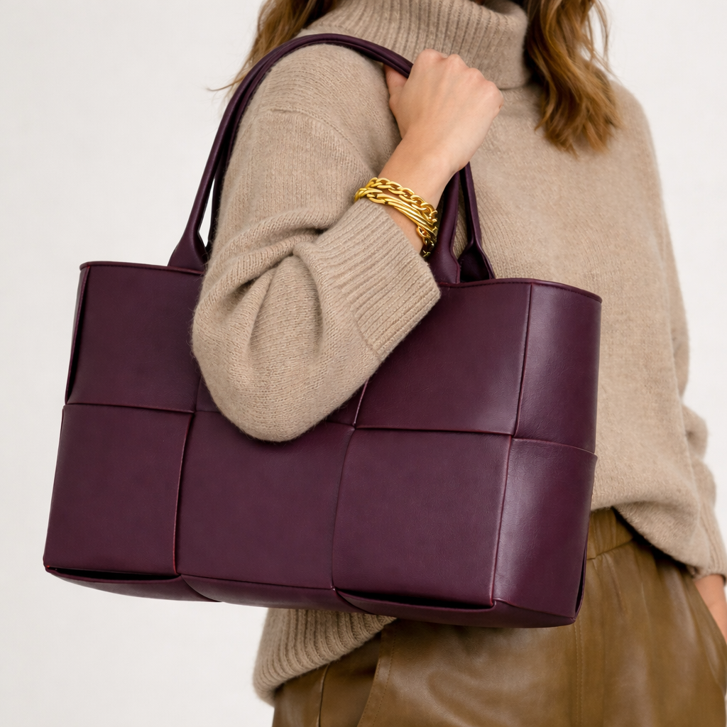Woven Tote Bag | Vegan Leather, Structured | Purple, Black, Olive