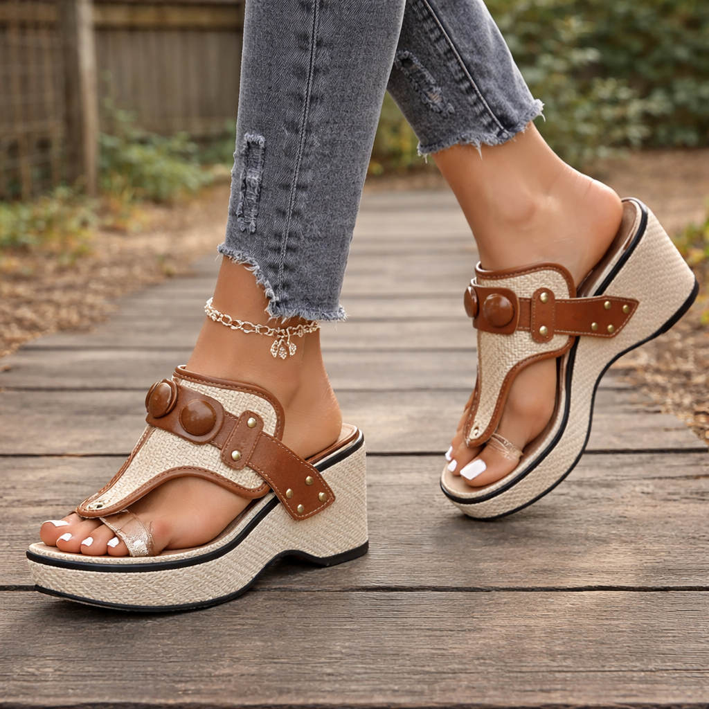Women's Platform Wedge Sandals | Studded Toe Post, Casual Elegance
