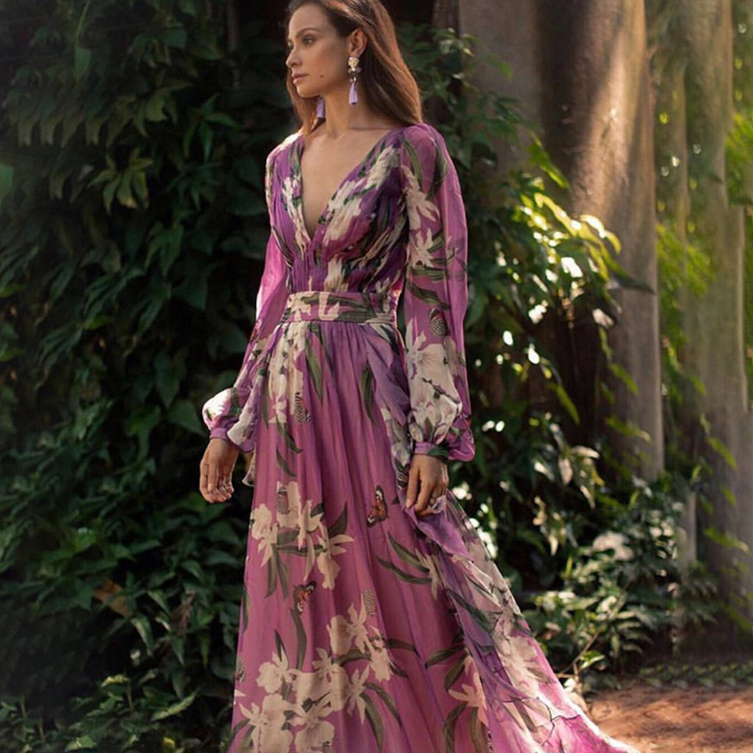 Torill - Elegant Floral Evening Maxi Dress - Women's Gown