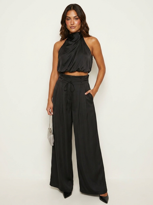 Women's Satin Set | Halter Top and Wide Leg Pants | Black