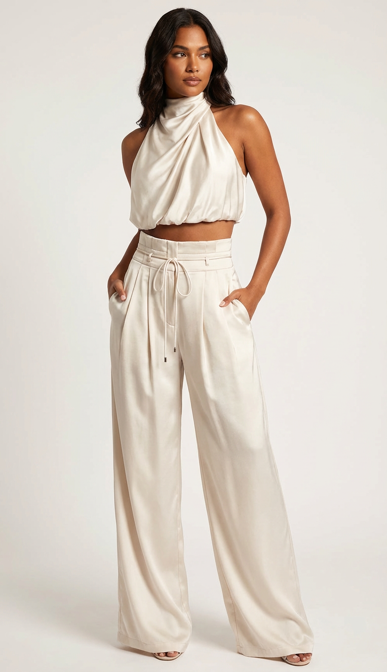 Women's Satin Set | Halter Top and Wide Leg Pants | Black