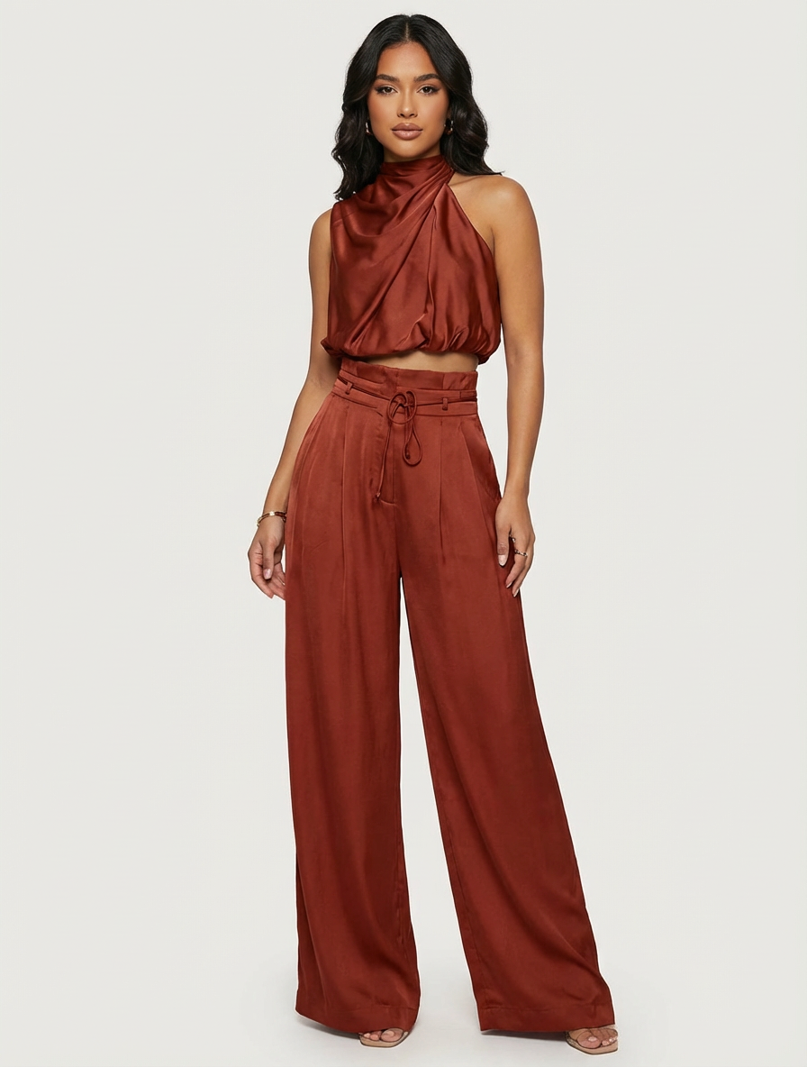 Women's Satin Set | Halter Top and Wide Leg Pants | Black