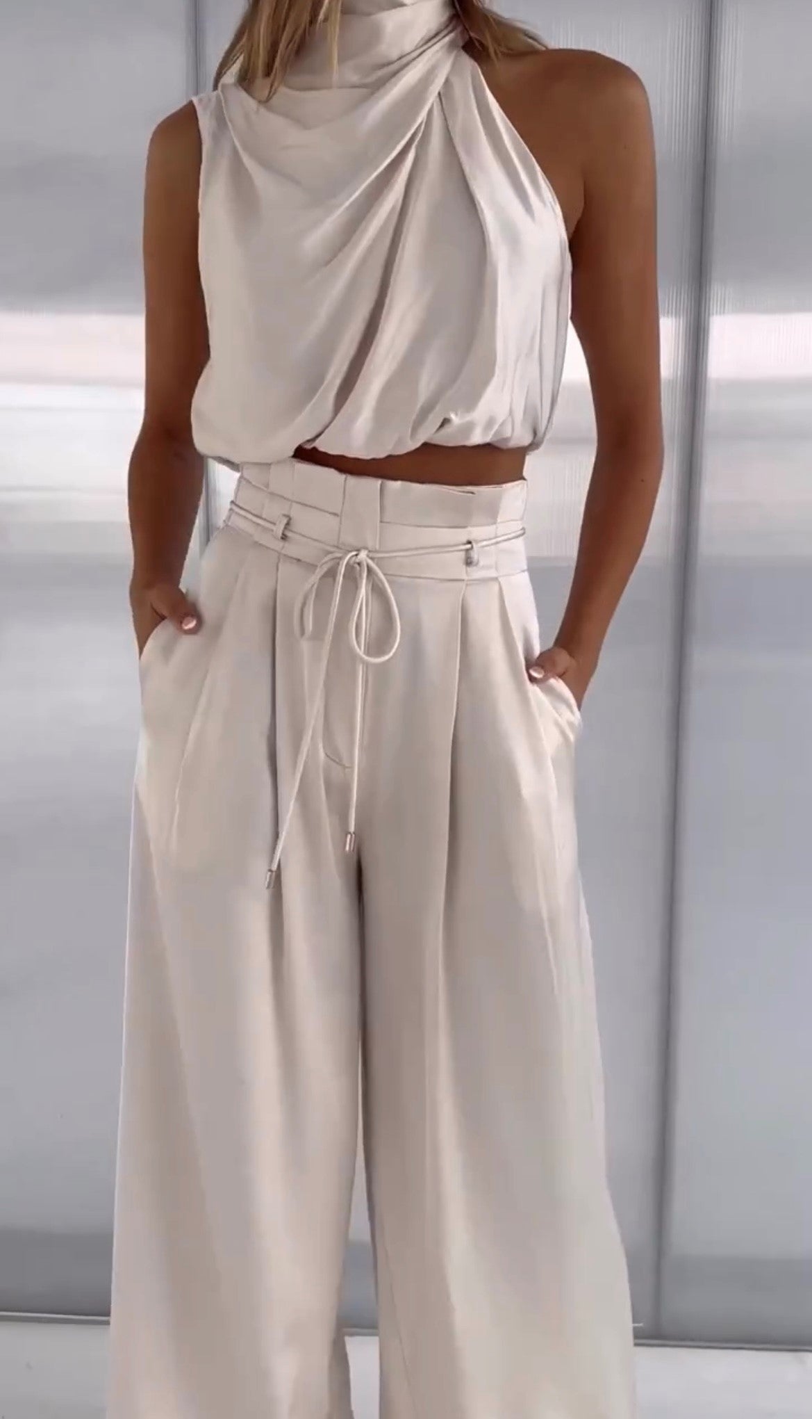 Women's Satin Set | Halter Top and Wide Leg Pants | Black