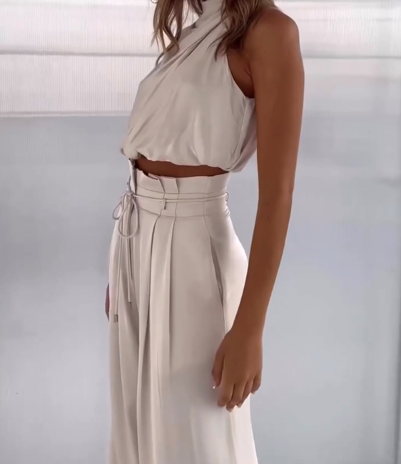 Women's Satin Set | Halter Top and Wide Leg Pants | Black
