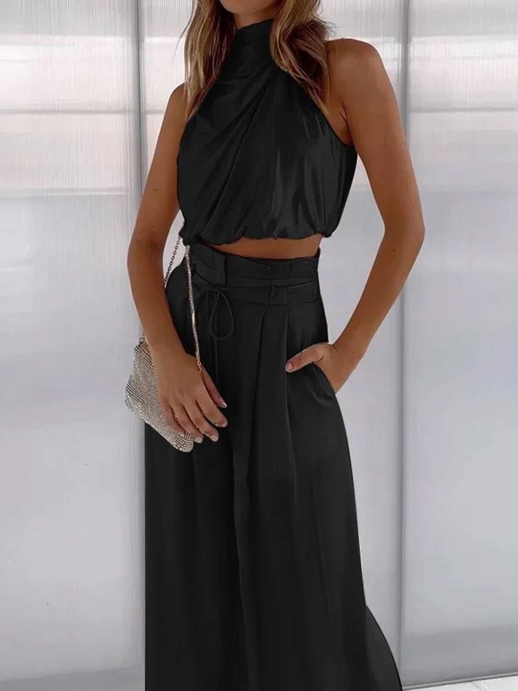 Women's Satin Set | Halter Top and Wide Leg Pants | Black
