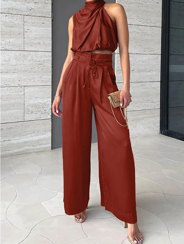 Women's Satin Set | Halter Top and Wide Leg Pants | Black