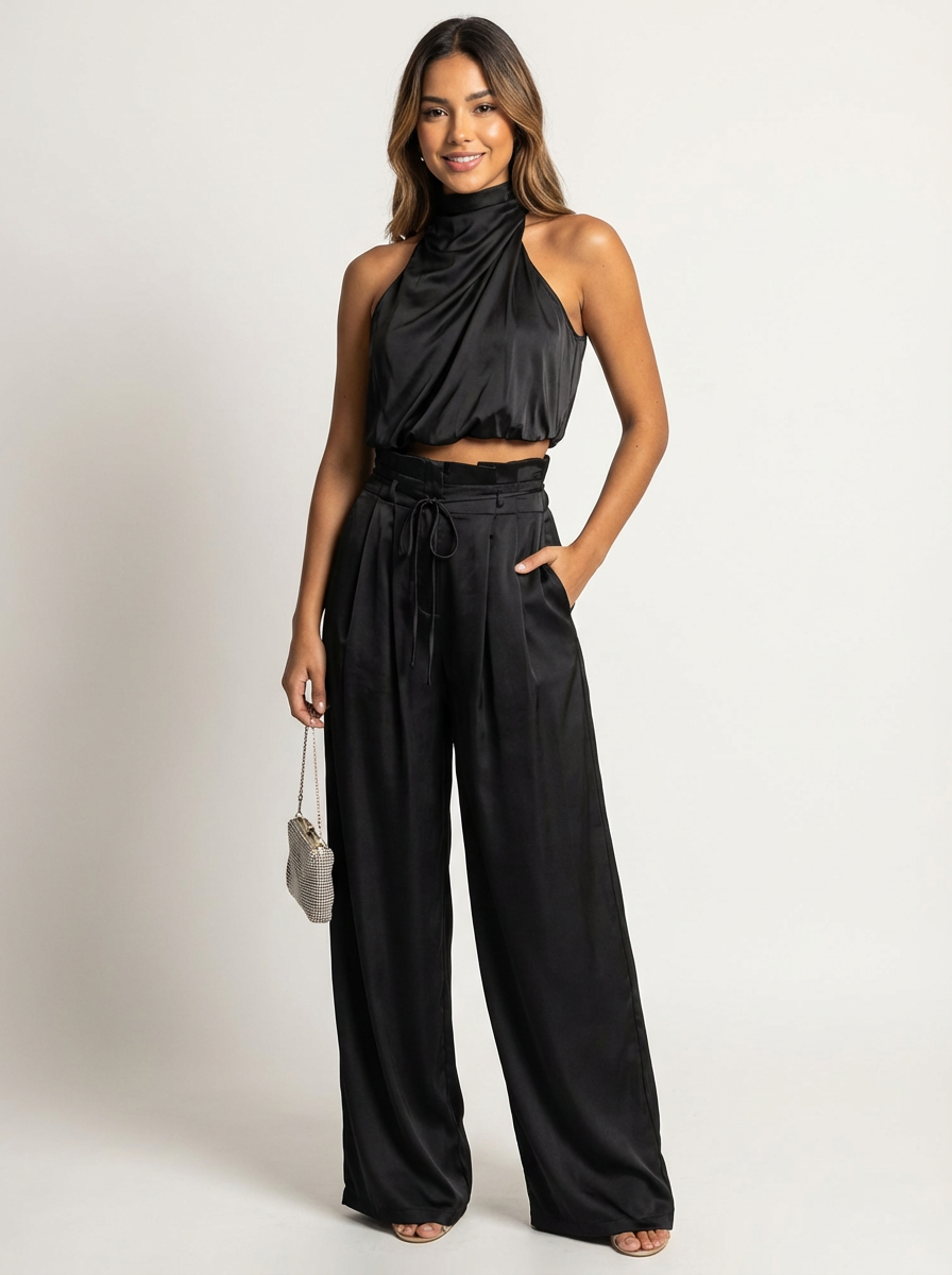 Women's Satin Set | Halter Top and Wide Leg Pants | Black